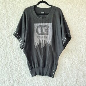 COOGI Black Rhinestone Embellished Dolman Sleeve Tunic Top Womens Medium Y2K